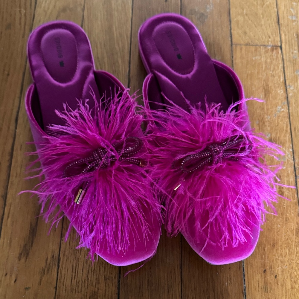 Birdies Hot Pink Feather Slide Mules